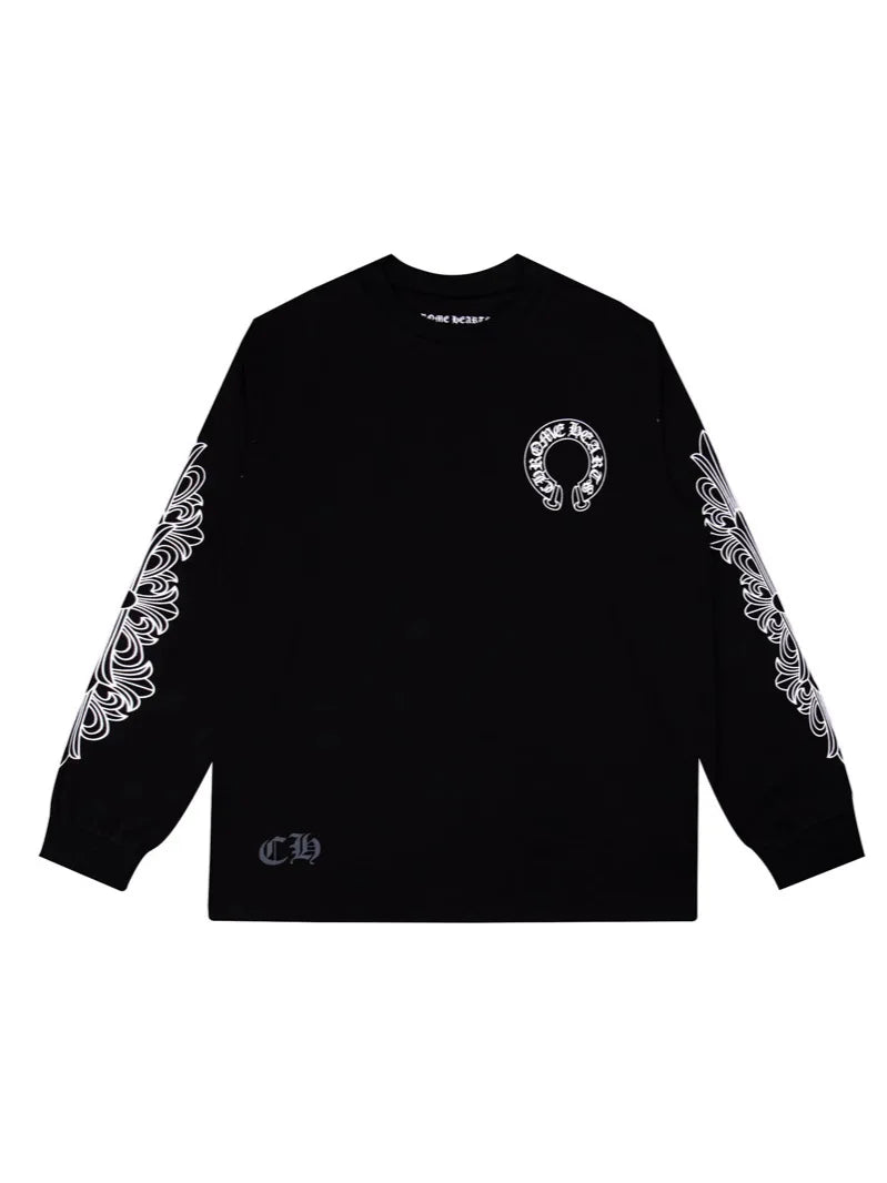 Unisex solid color long-sleeve crewneck pullover T-shirt with printed stripes, loose knit, and anti-pilling